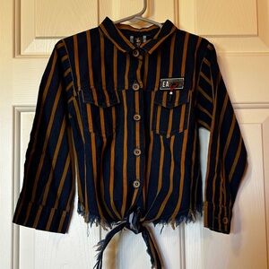 Bee & Honey Girl's Button-Down Waist Tie Shirt Striped Blue Mustard 32 /80cm NWT
